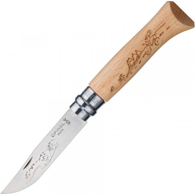 Нож OPINEL №8, нержавеющая сталь, рукоять дуб, гравировка велосипедист 001790